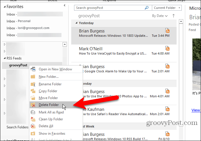Brisanje podmape RSS feeda u programu Outlook
