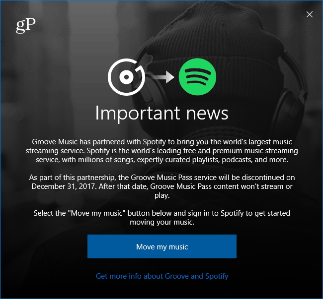 Microsoft Groove Glazba premještanje u Spotify Message