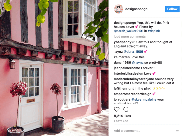 DesignSponge potiče sljedbenike Instagrama da daju fotografije temeljene na neprestano mijenjajućem hashtagu koji definira temu.