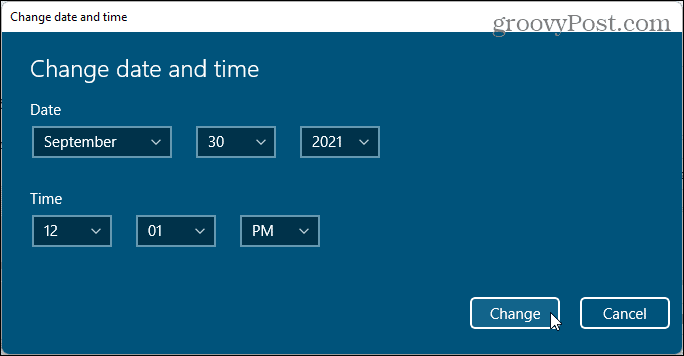 Dijalog za promjenu datuma i vremena u sustavu Windows 11