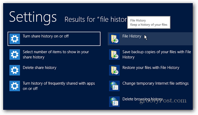 Postavke povijesti datoteke Pretraživanje Windows 8