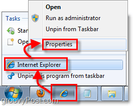 kako doći do svojstava prečaca za prikvačene prečace na traci u sustavu Windows 7
