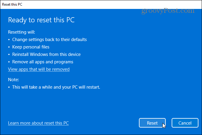 spreman za resetiranje Windows 11 PC