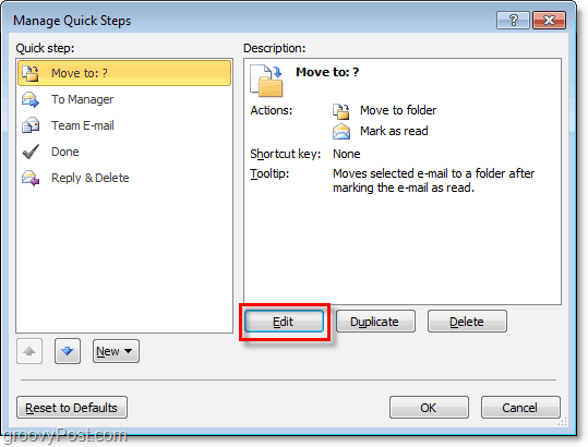 uređivanje brzih koraka u programu Outlook 2010