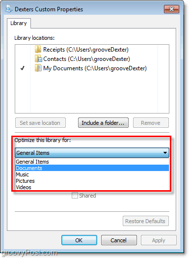 Prilagodite još daljnja svojstva knjižnica u sustavu Windows 7