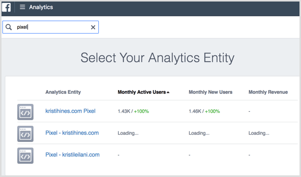 Web stranica Facebook Analytics