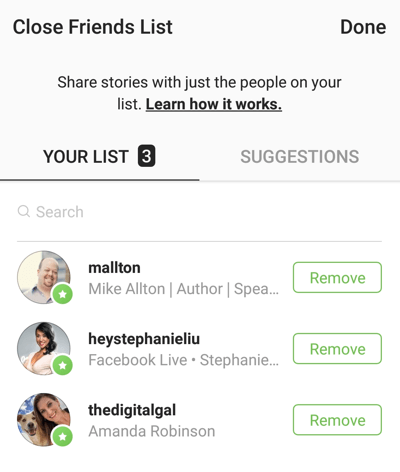Opcija da kliknete Ukloni da biste uklonili prijatelja na svoj popis bliskih prijatelja na Instagramu.