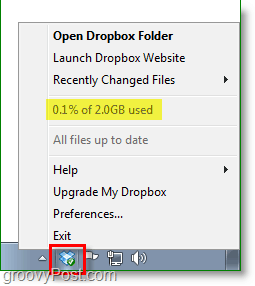 Snimka zaslona Dropbox - ikona sustava s ladicom padajućih okvira