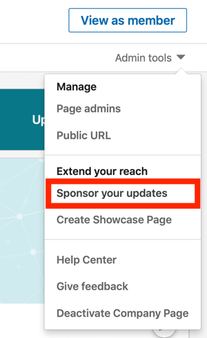 Kako izraditi LinkedIn tekstualni oglas, korak 1, Sponzorirajte svoja ažuriranja pod Administratorskim alatima