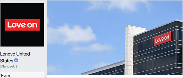 Ovo je snimka zaslona zaglavlja Facebook stranice Lenovo. S lijeve strane nalazi se kvadratna slika profila s crnom pozadinom. Crveni, vodoravni pravokutnik u sredini kaže Love On istim fontom koji Lenovo koristi za svoje ime marke. Stranica je naslovljena Lenovo Sjedinjene Države s korisničkim imenom @lenovoUS. S desne strane nalazi se naslovna slika na kojoj se vidi fotografija Lenovo-ove zgrade i plavo nebo sa šuštavim oblacima. Seth Godin ima oglase tvrtke Lenovo u svom Akimbo podcastu.