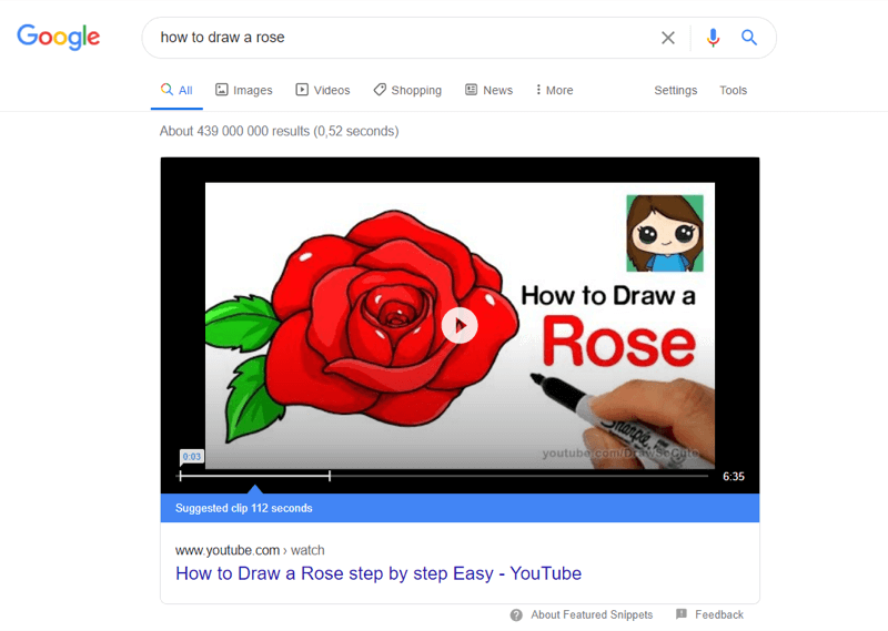 primjer najboljeg youtube videozapisa u Googleovim rezultatima pretraživanja za 'kako nacrtati ružu'