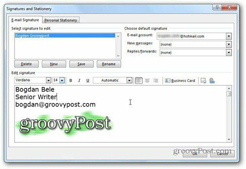 Outlook 2013 koristi logotip groovypost s potpisom