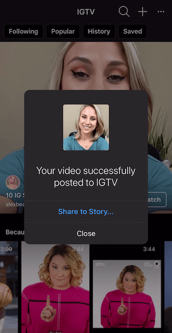 upit za dijeljenje IGTV videozapisa u Instagram Stories
