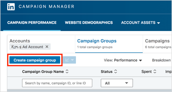 Na kartici Grupe kampanja u LinkedIn Campaign Manageru kliknite gumb Stvori grupu kampanja.