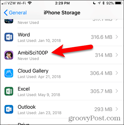 Dodirnite aplikaciju pod iPhone Storage