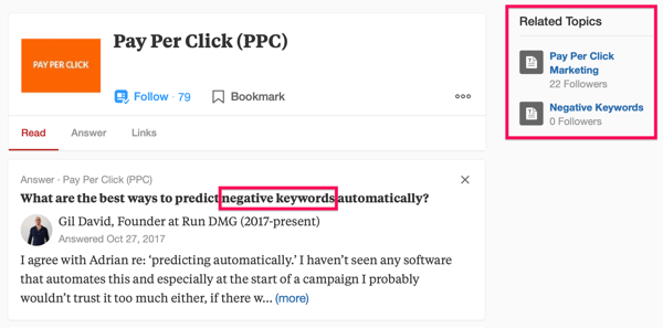 Primjer rezultata pretraživanja Quora, uključujući pojam za pretraživanje 'PPC' i frazu 'negativne ključne riječi'.