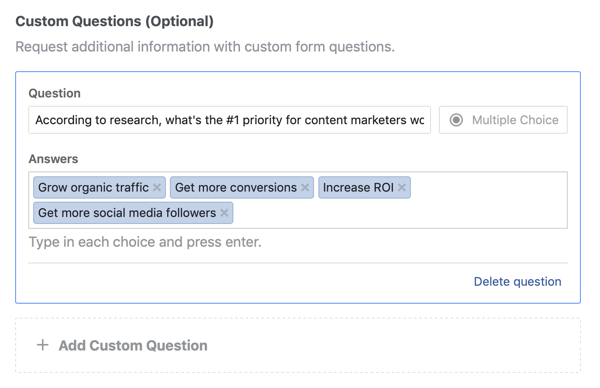 Primjer mogućnosti pitanja i odgovora na pitanje za Facebook oglasnu kampanju.