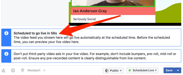 Facebook prikazuje sat odbrojavanja prije početka vašeg emitiranja uživo.