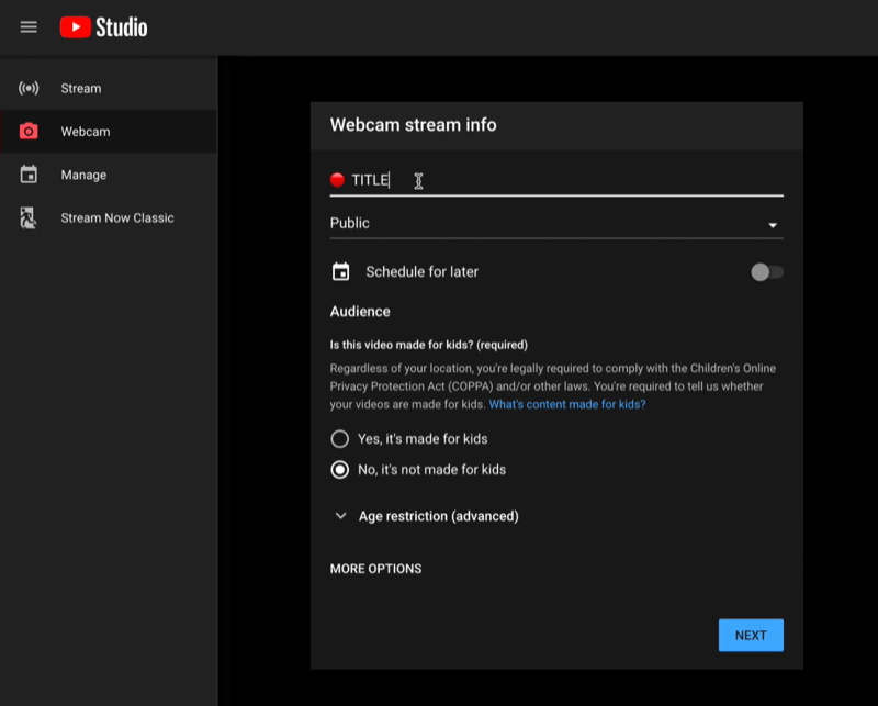youtube studio go live menu nadzorna ploča streaming uživo s detaljima podataka o streamu web kamere spremnim za postavljanje