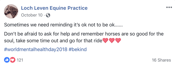 Primjer objave na Facebooku s emojijima iz Lock Leven Equine Practice.