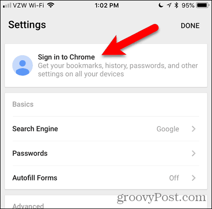 Dodirnite Prijava na Chrome na iOS