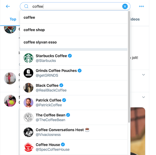 uzorak rezultata pretraživanja iz pretraživanja kave u okviru za pretraživanje twittera