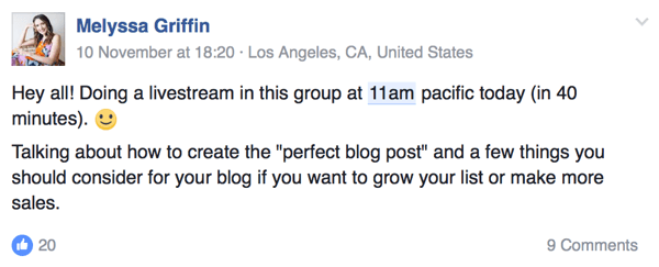 Poduzetnica Melyssa Griffin daje publici do znanja kada će biti uživo na Facebooku.