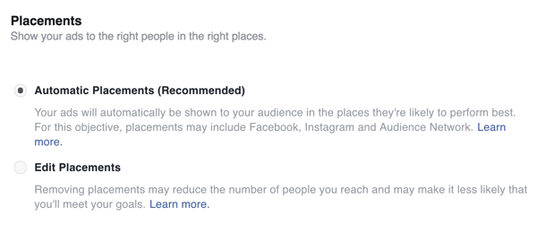 Odaberite položaje za svoj Facebook oglas.