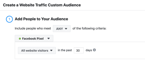 Facebook prilagođeni tokovi toka oglasa za web stranice prilagođena publika