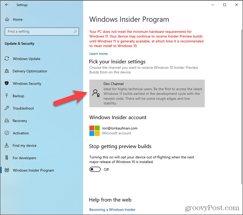 Dev kanal postavljen u postavkama programa Windows Insider