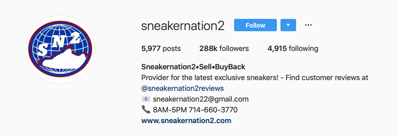 primarni Instagram račun za SneakerNation2