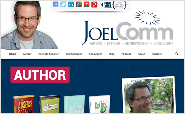 Na web mjestu Joela Comm-a prikazana je fotografija Joela kako se smiješi i nosi ležernu, svijetloplavu košulju na kopčanje, a ispod nje svijetlosivu majicu. Navigacija uključuje opcije za dom, autora, glavnog govornika, poduzetnika, savjetnika, blog, podcast, o i kontakt. Klizač ispod navigacije ističe knjige koje je napisao.
