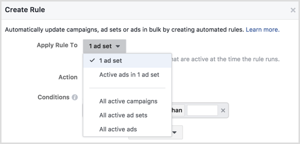 Facebook Ads Manager kreira pravilo