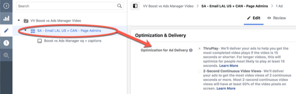 Facebook ThruPlay Optimization za uređivanje kampanje s prikazima od 10 sekundi, korak 3.