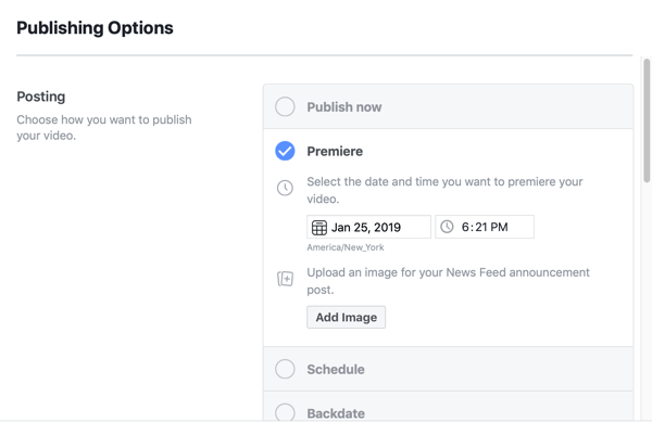 Kako postaviti Facebook Premiere, korak 5, postavke rasporeda publikacija
