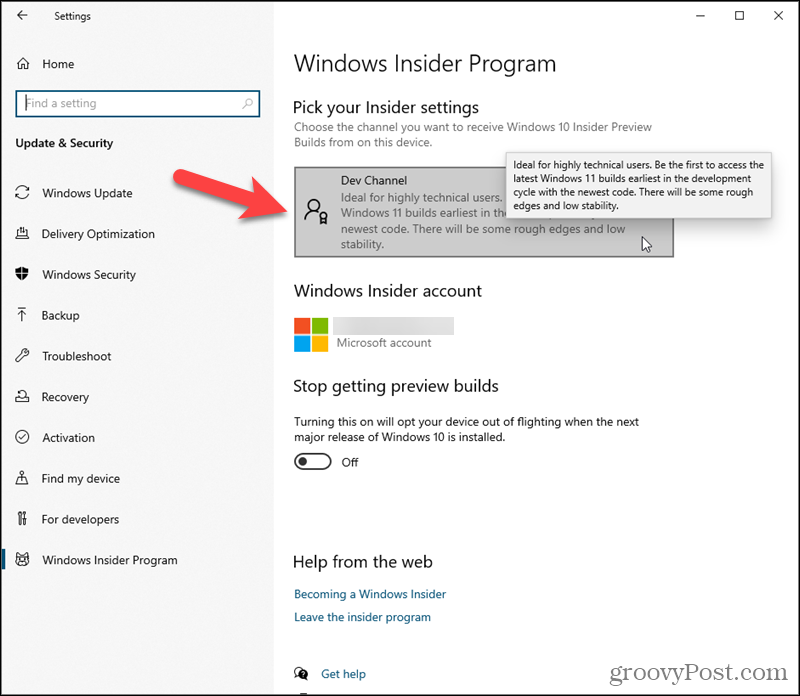 Kliknite Dev Channel pod Select your Insider settings u sustavu Windows 10