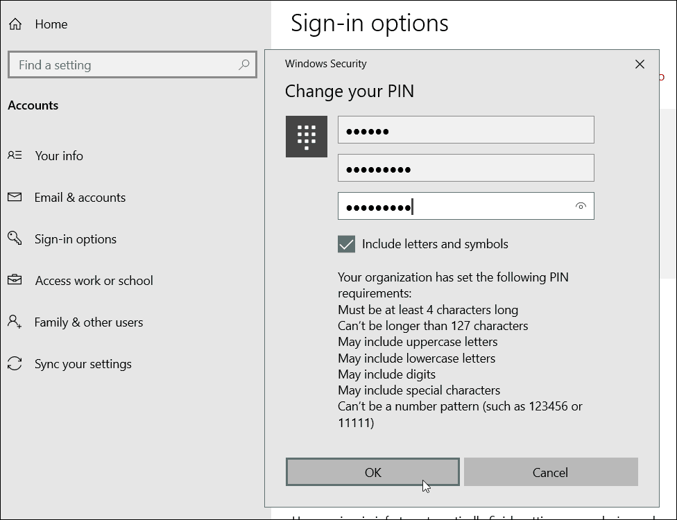 Posebni zahtjevi za PIN znakova Windows 10