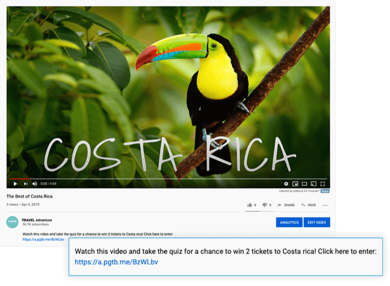 istaknuo je opis YouTube video zapisa s ponudom da pogledate video i sudjelujete u kvizu da biste osvojili 2 karte za Kostariku