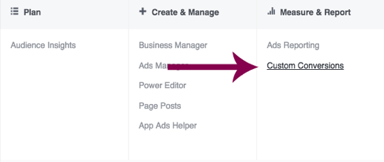 Idite na Prilagođene konverzije u Facebook Ads Manageru.