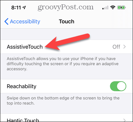 Dodirnite AssistiveTouch u Postavkama pristupačnosti iPhonea