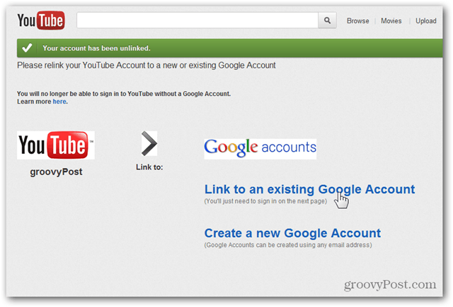 Povežite račun YouTubea s novim Google računom - kliknite Link na postojeći račun