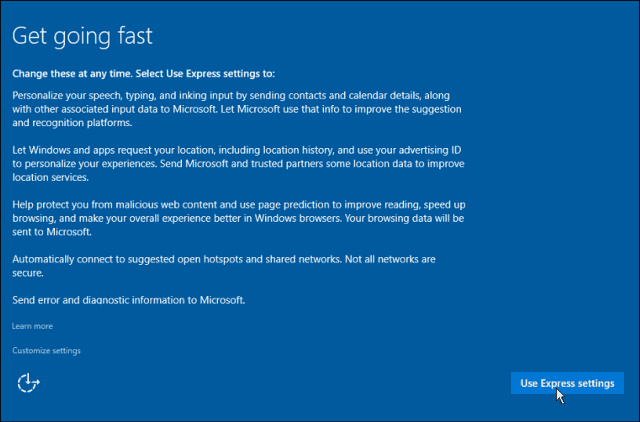 Express postavke Windows 10