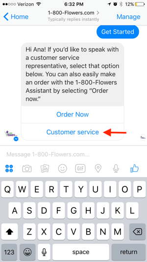 1-800-Flowers daje kupcima mogućnost povezivanja s aktivnim agentom koji može ponuditi personaliziranu pomoć.