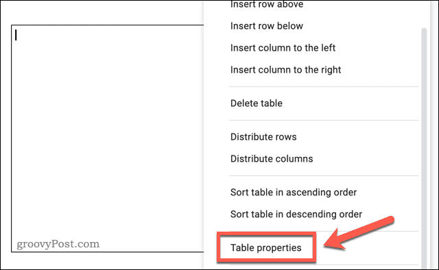 Pristup izborniku opcija tablice u Google dokumentima