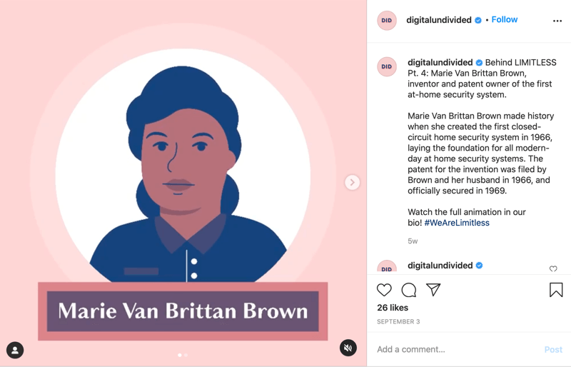 primjer isječka mp4 posta podijeljenog na instagramu koji ističe marie van brittan brown kao pt. 4 u seriji #wearelimitless
