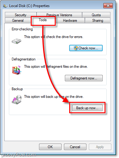 Sigurnosna kopija Windows 7 - kartica Alati o svojstvima i gumb Sigurnosna kopija sada