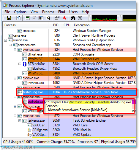 msmpeng.exe u Windows 7 proces Explorer