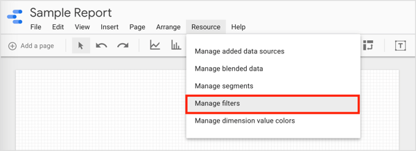 Da biste filtrirali podatke i stvorili grupe koje možete koristiti, kliknite Resurs na traci izbornika i na padajućem izborniku odaberite Manage Filters.