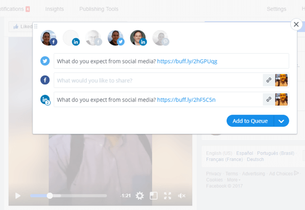 Alati kao što je Buffer mogu vam pomoći da podijelite Facebook Live video na više platformi društvenih medija.