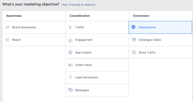 opcija u facebook upravitelju oglasa za odabir konverzija kao marketinški cilj